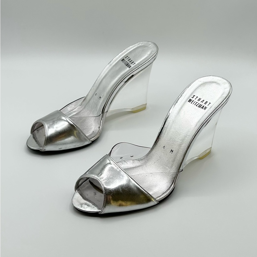 Stuart Weitzman Silver Metallic Leather Peep Toe Mules Transparent Womens Size 6